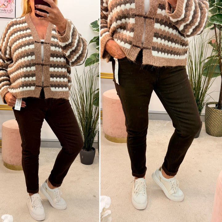 Ladies Fashion Brown Mom Fit Skinny Jeans - sizes 6 to 14