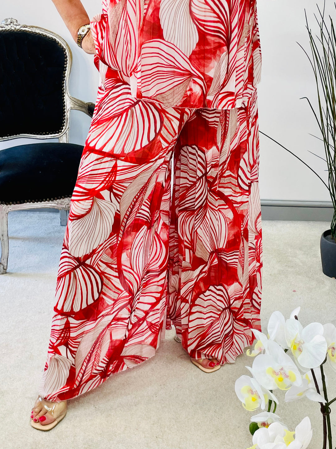 LADIES WOMENS PLEATED CHIFFON WIDE LEG TROUSER - RED, KHAKI, PINK