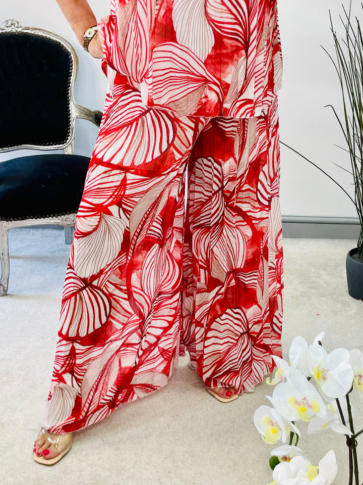 LADIES WOMENS PLEATED CHIFFON WIDE LEG TROUSER - RED, KHAKI, PINK