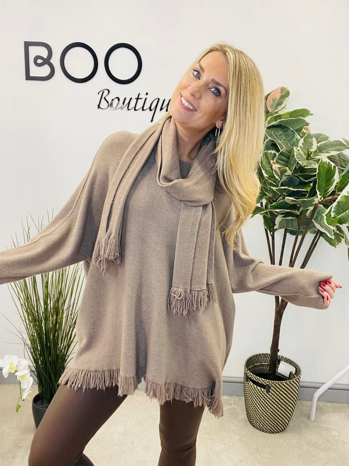 LADIES OVERSIZE JUMPER & SCARF SET MOCHA COFFEE