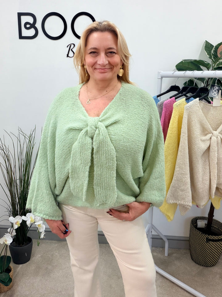 LADIES CHUNKY BOW JUMPER - PINK, MINT, LEMON, BLUE, BEIGE & GREY