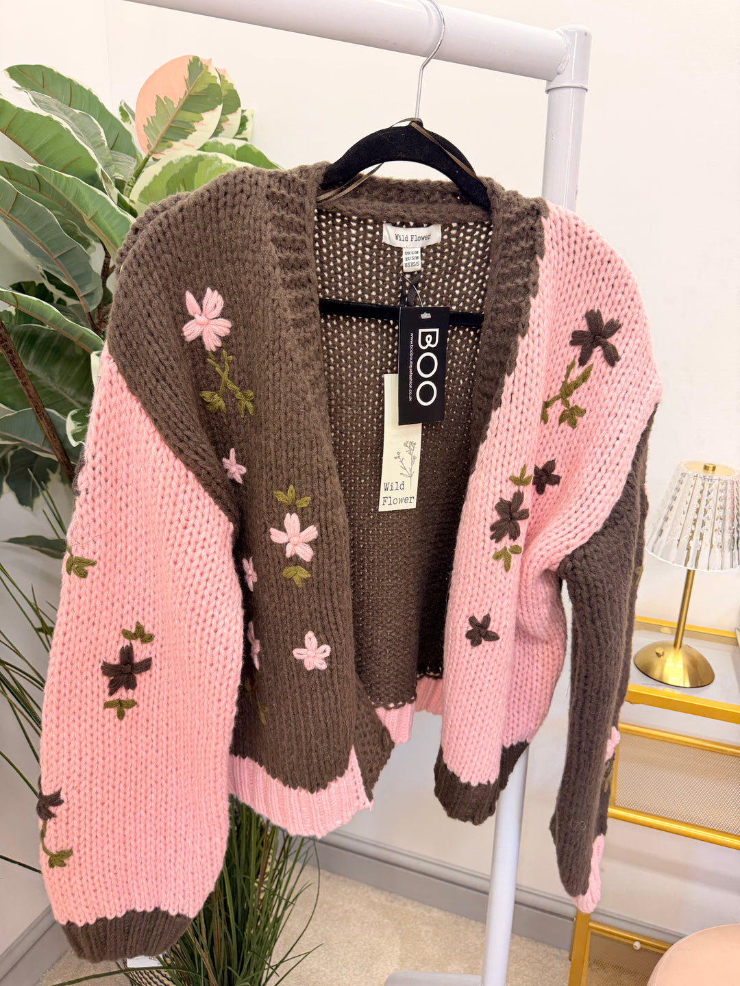 Ladies Fashion Pink & Brown Chunky Knit Cardigan
