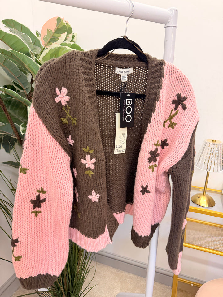 Ladies Fashion Pink & Brown Chunky Knit Cardigan