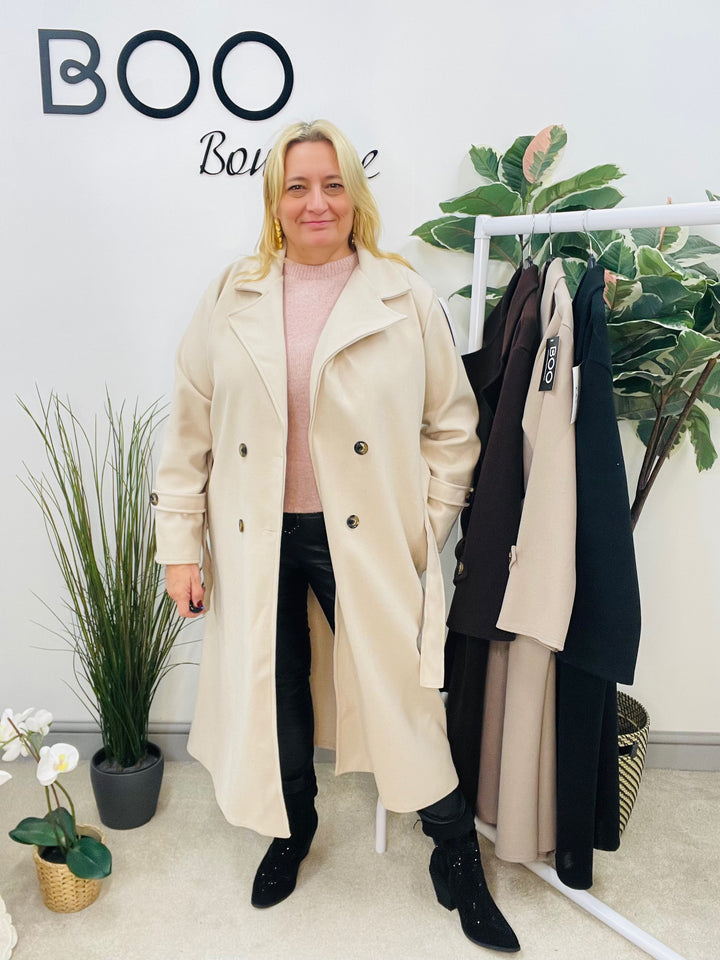 LADIES TIE BELT DUSTER COAT - BEIGE, MOCHA, BROWN & BLACK