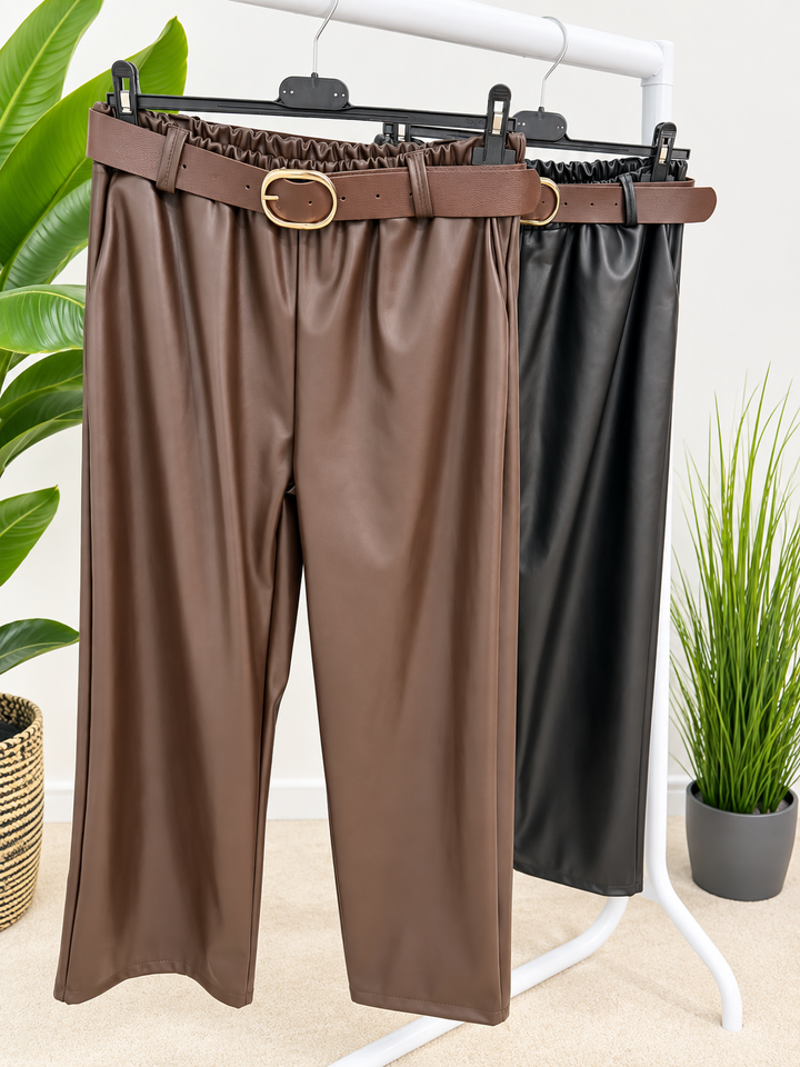 Womens fashion faux leather straight leg trousers - black and brown