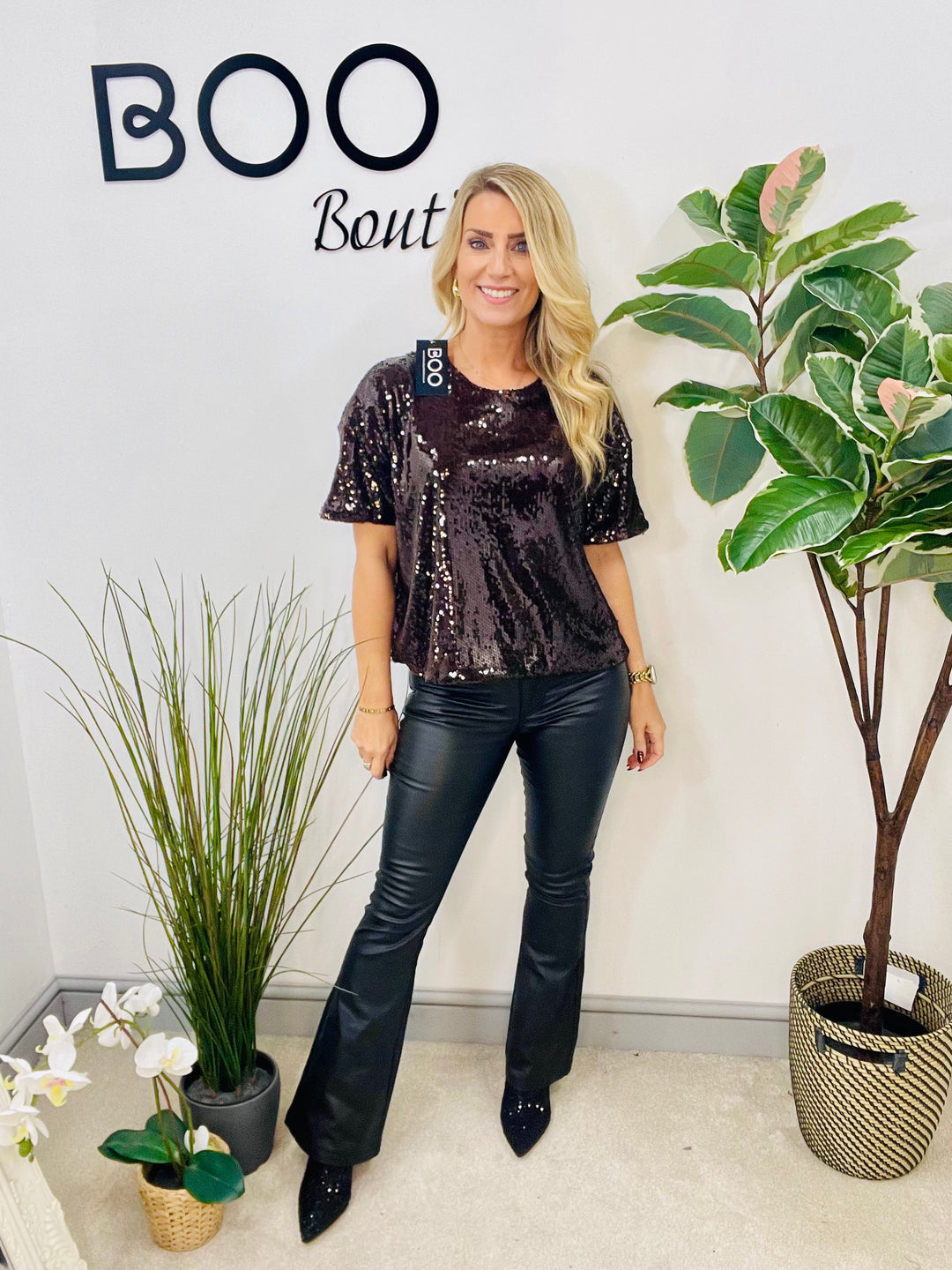 LADIES SEQUIN PARTY TOP - BERRY, BLACK & BROWN