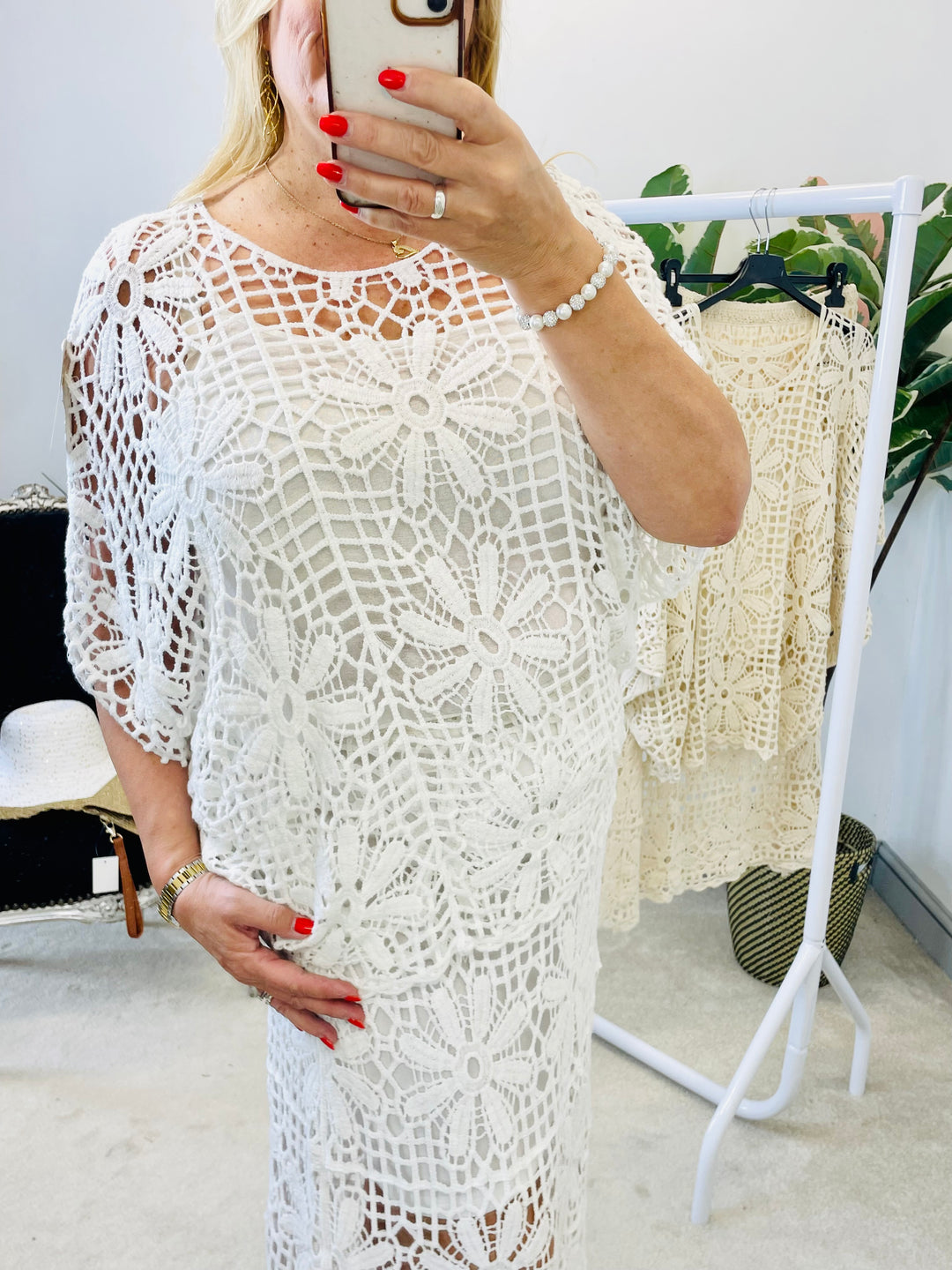 LADIES CROCHET SUMMER HOLIDAY SKIRT & TOP CO ORD SET - WHITE & BEIGE