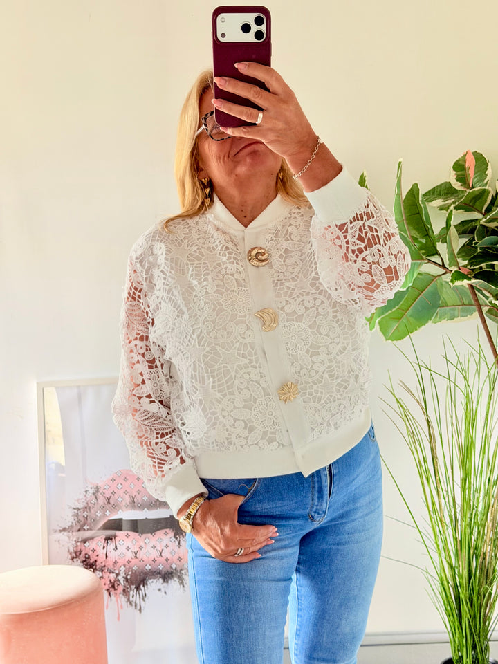 Ladies Fashion White Crochet Bomber Jacket