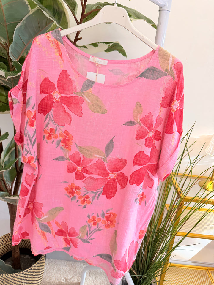 Ladies Flower Print Linen Casual Top - White, Pink, Lilac & Coral