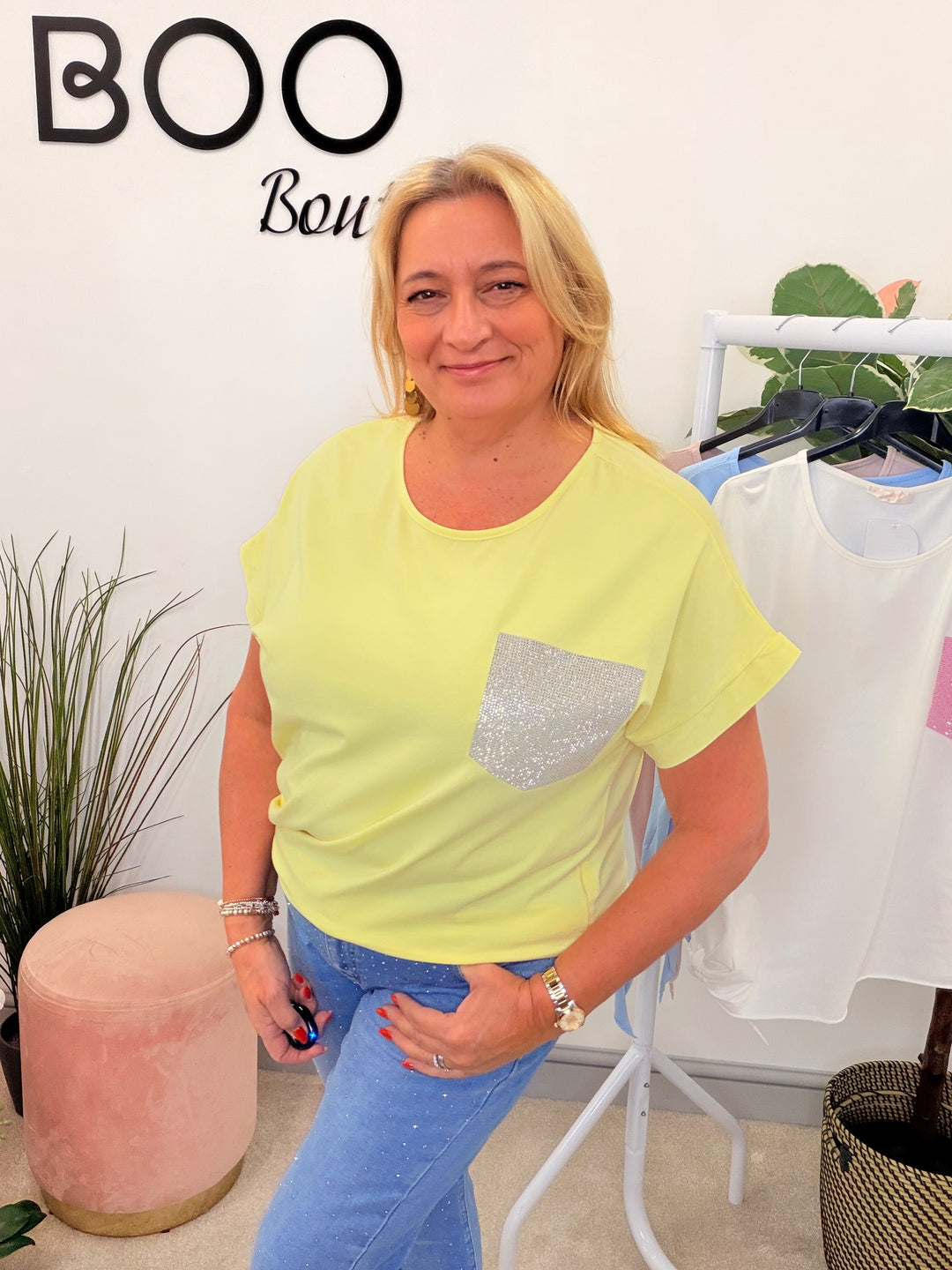 Ladies Fashion Diamante Pocket Loose Fit T Shirt - Lemon, White, Blue & Pink