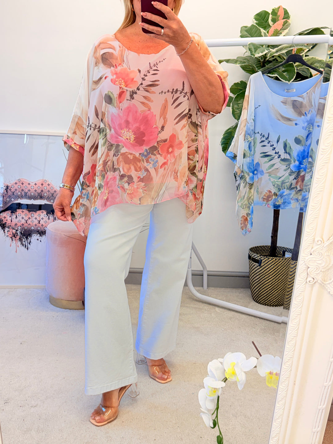 Ladies Flower Print Silky Floaty Summer Top - Pink & Blue