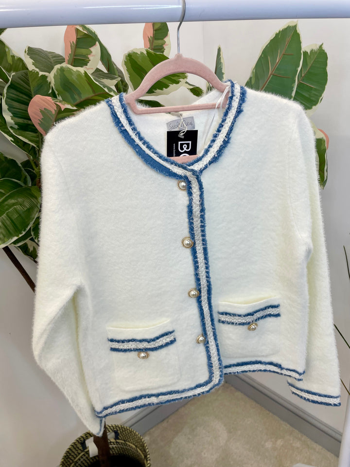 LADIES FLUFFY WHITE INSPIRED DENIM EDGE CARDIGAN