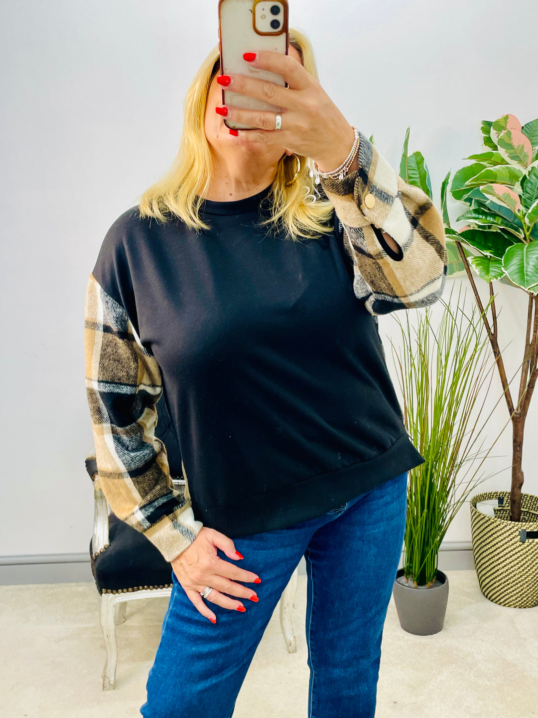 LADIES CHECK SWEATSHIRT TOP - BLACK & MOCHA
