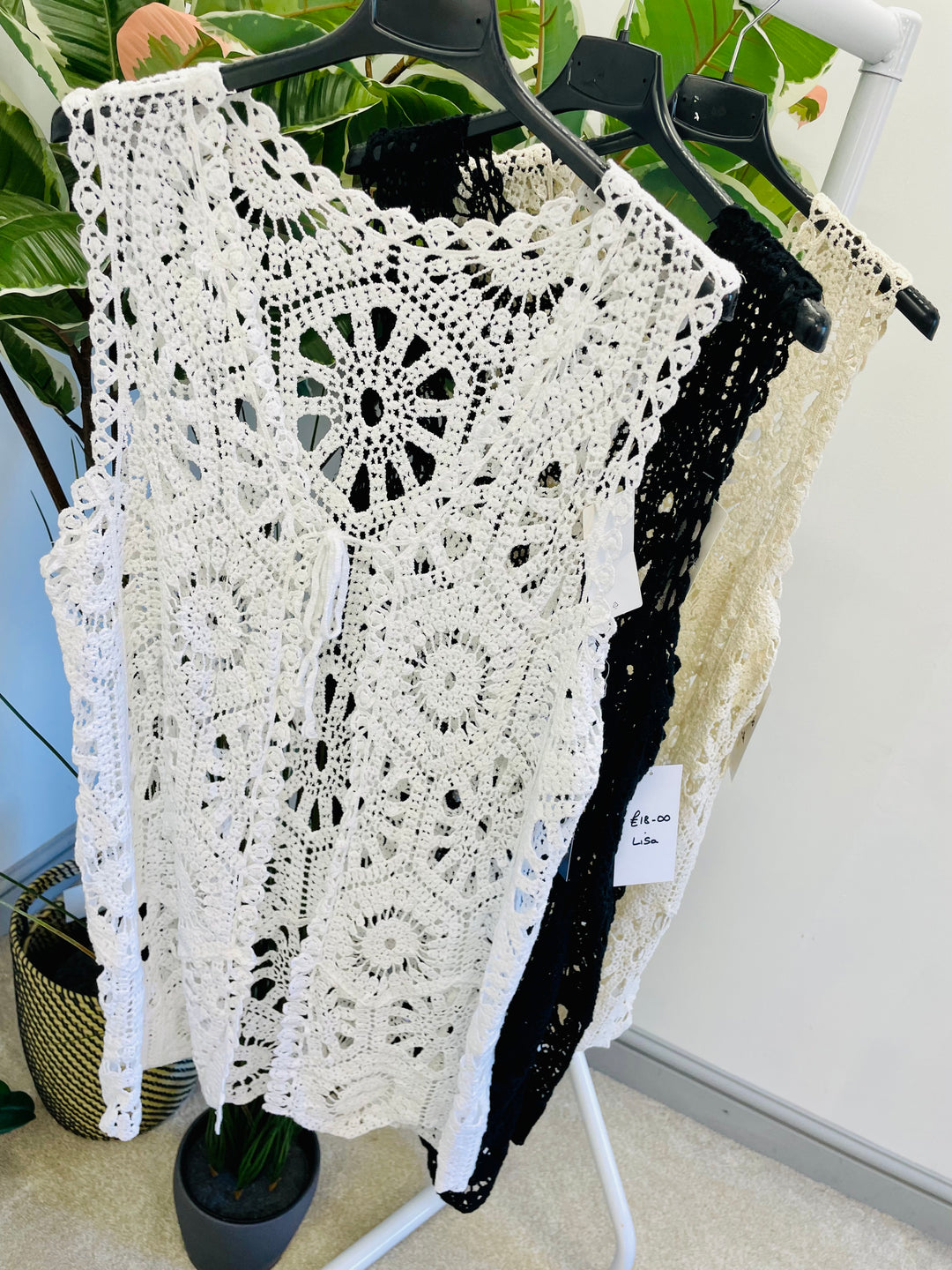 LADIES WOMENS CROCHET SLEEVELESS CARDIGAN - BLACK, WHITE, BEIGE