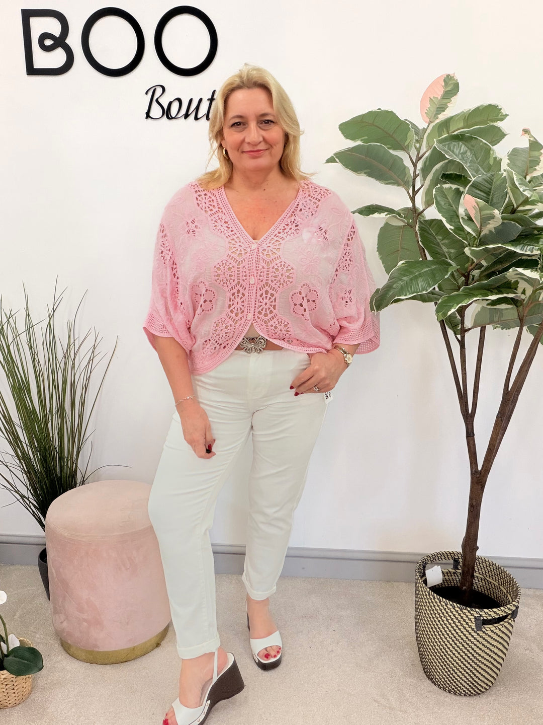 Ladies Fashion Crochet Bolero Top - white, beige, pink, lemon & turquoise