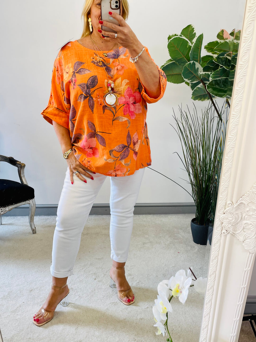 LADIES WOMENS FLORAL PRINT LINEN SUMMER TOP - PINK, ORANGE, BLUE, WHITE, YELLOW