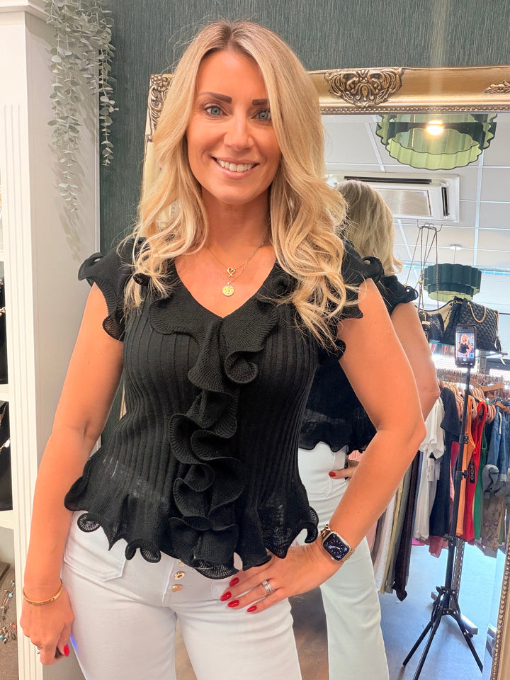 Ladies Stretch Frill Summer Top - Lemon, Black, Pink, Mint, White, Blue