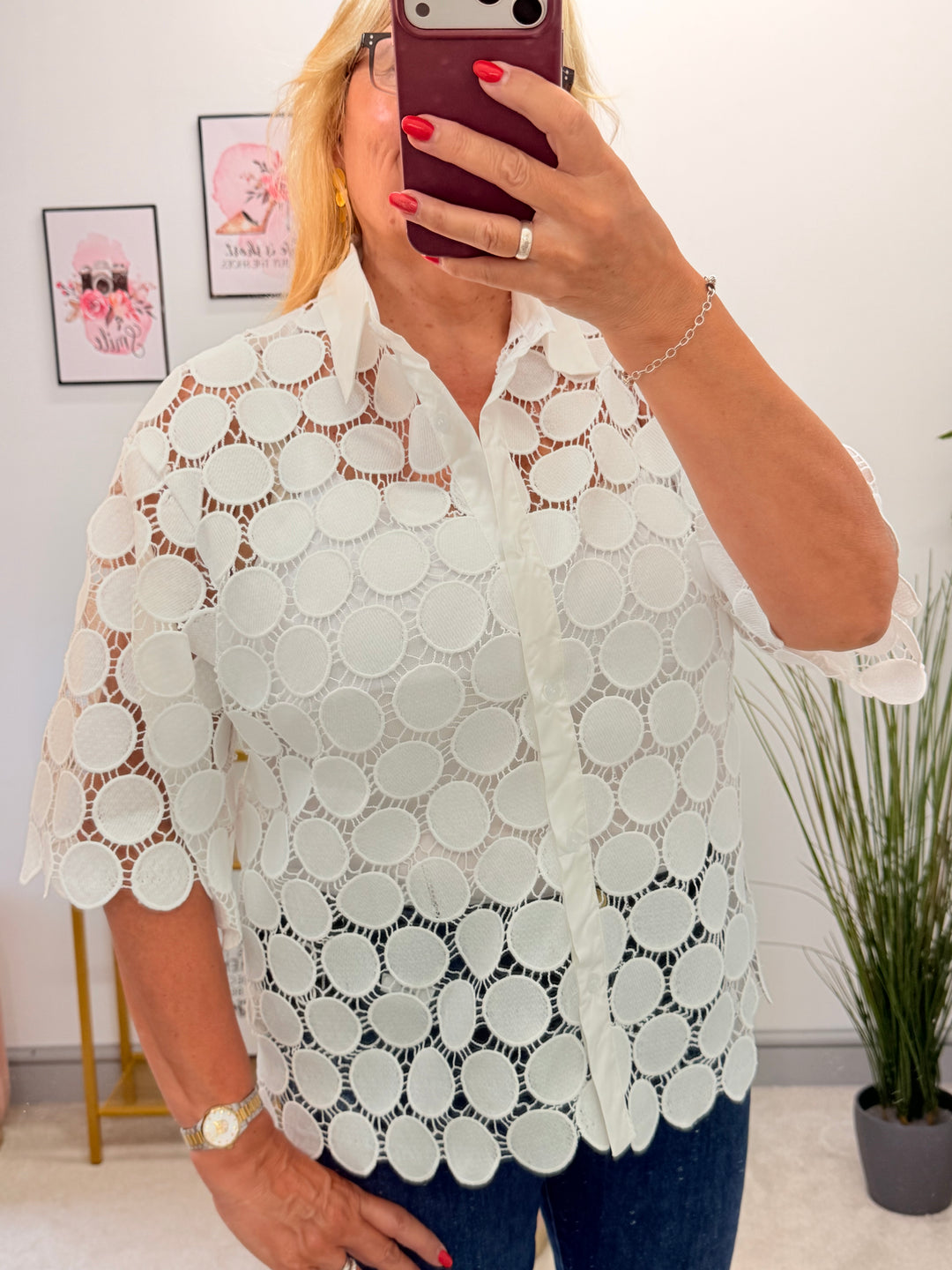 Ladies White Disc Crochet Shirt Top