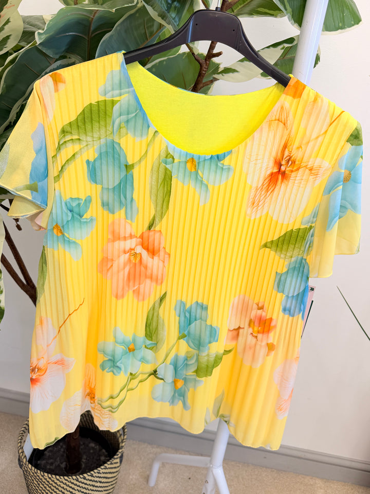Ladies Pleated Floral Print Chiffon Top - Black, Cream, Blue, Lemon, Pink, Navy, Brown