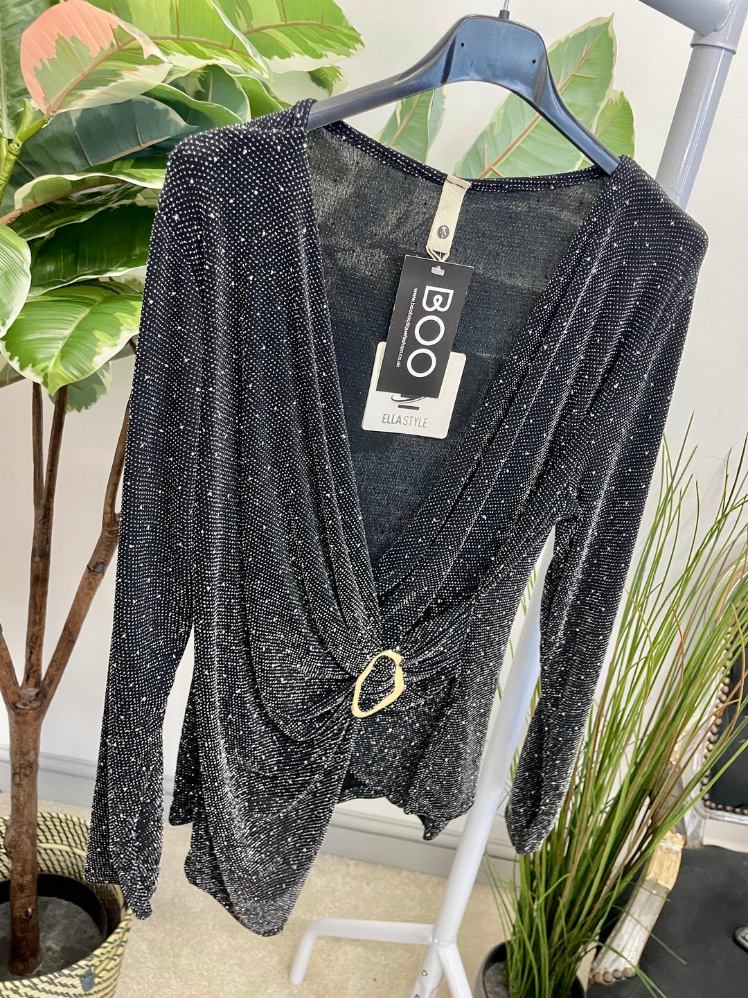 LADIES LUREX WRAP STYLE TOP - BLACK, SILVER, RED