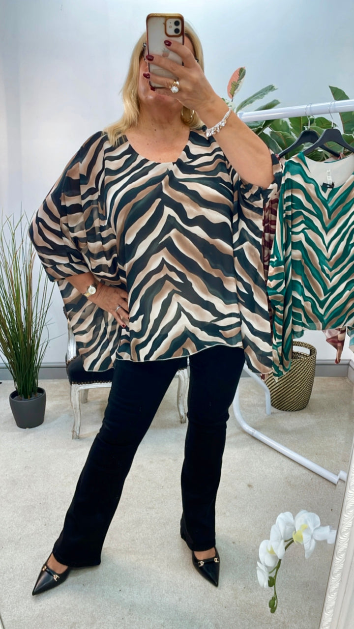 LADIES ZEBRA PRINT CHIFFON FLOATY TOP BLOUSE - GREEN, BLACK & BURGUNDY