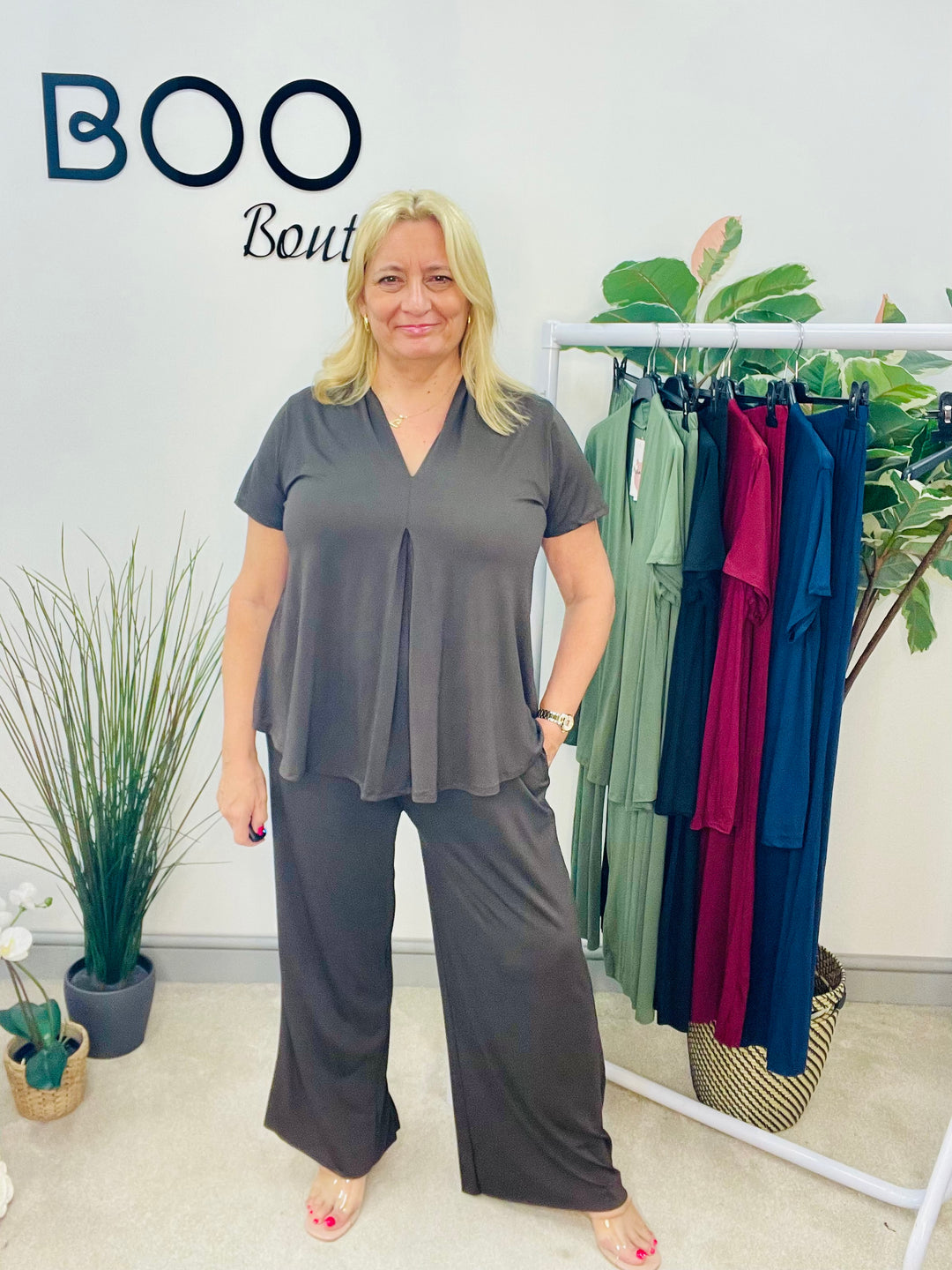 LADIES JERSEY WIDE LEG TROUSER CO ORD SET - NAVY, BURGUNDY, KHAKI, BLACK, BROWN