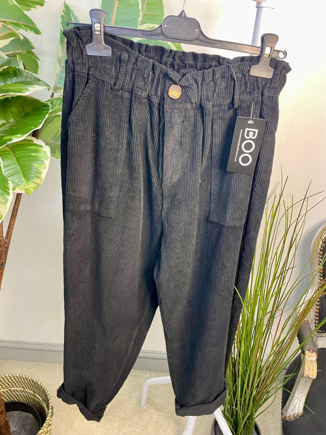 LADIES TRENDY BAGGY CORD TROUSERS - BLACK & PLUM