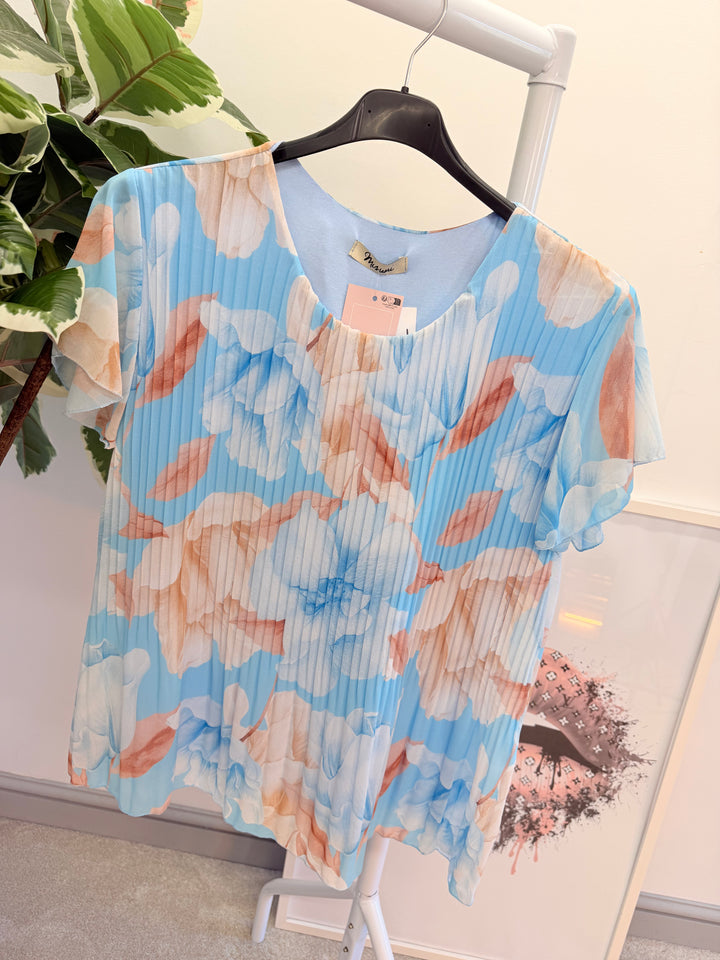 Ladies Fashion Floral Print Pleated Chiffon Blouse Top - pink, white, blue & lemon