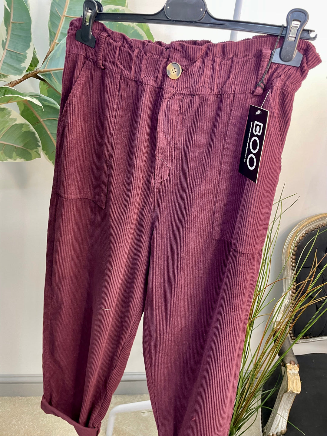 LADIES TRENDY BAGGY CORD TROUSERS - BLACK & PLUM