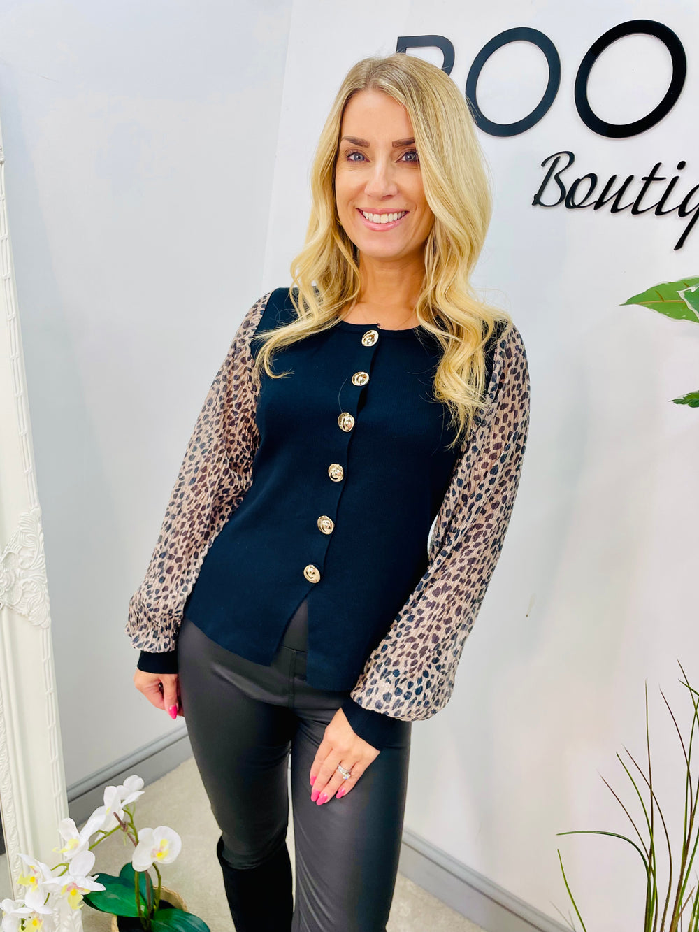 LADIES KNITTED LEOPARD SLEEVE CARDIGAN TOP - BLACK, WINE, BROWN