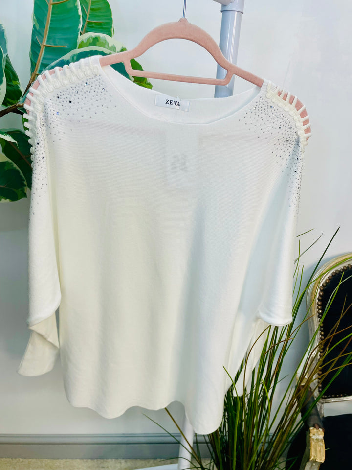 LADIES DIAMANTE BATWING JUMPER WHITE