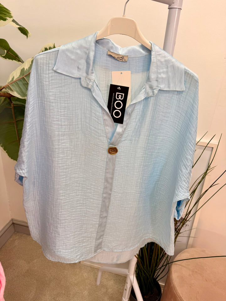 Ladies Fashion Grandad Style Top Blouse - Pink, Lemon, White & Blue