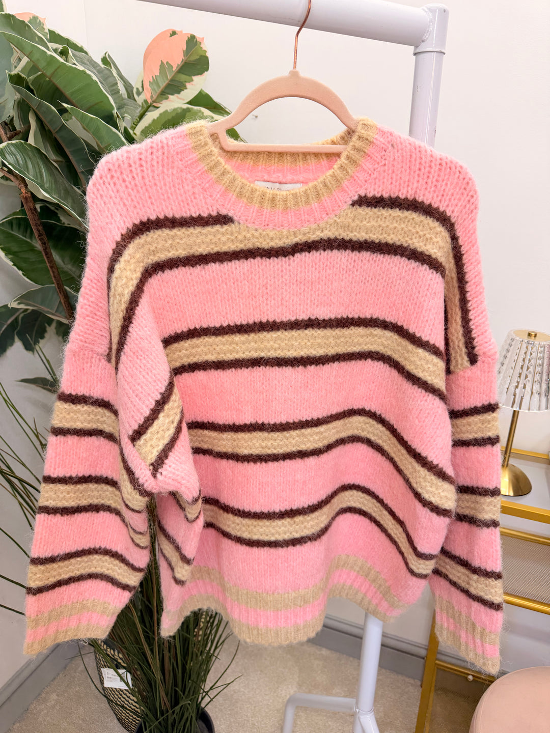 Ladies Fashion Pink Brown Cream Stripe Jumper
