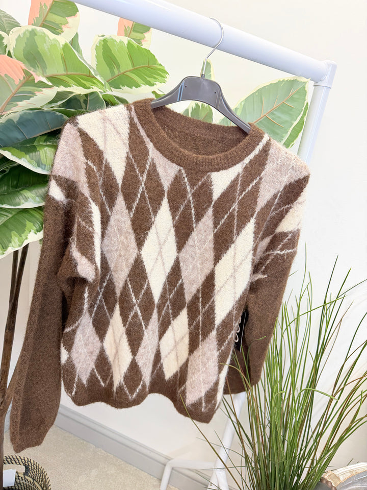 LADIES FASHION ARGYLE KNIT JUMPER - BERRY, CREAM, BROWN, 