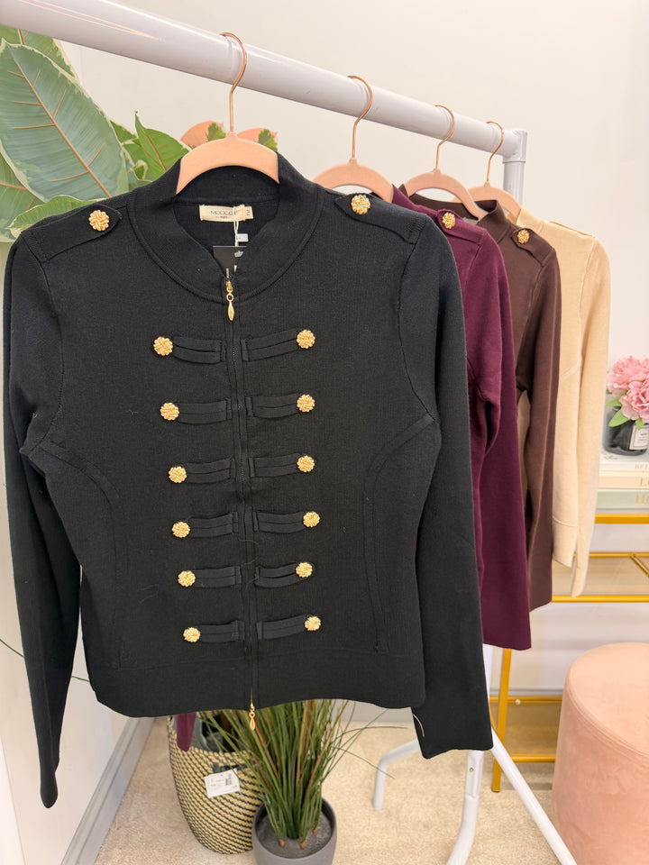 Ladies Fashion Military Knitted Cardigan Jumper - Black, Plum, Beige & Brown