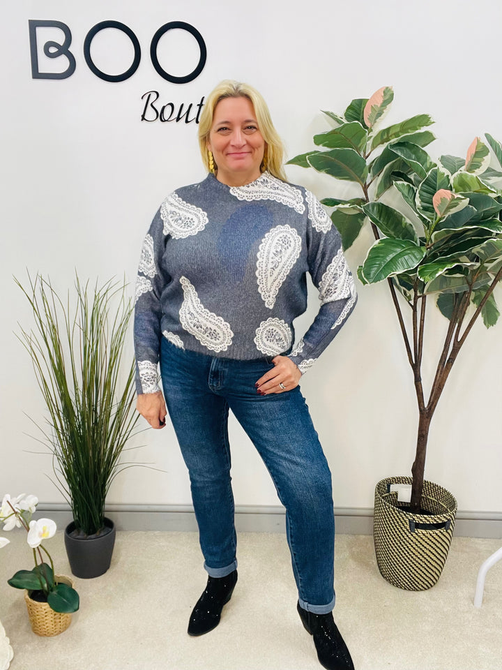 LADIES SOFT KNIT BLUE PAISLEY PRINT JUMPER