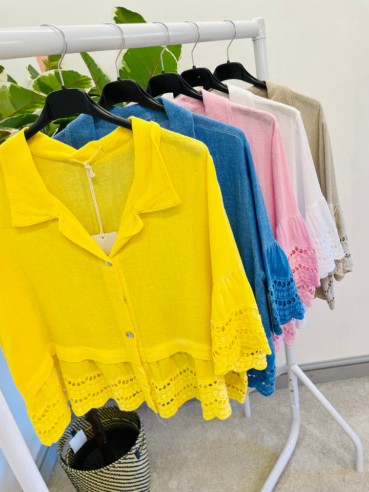 LADIES WOMENS TEA BAG LINEN BRODERIE ANGLAISE TOP - WHITE, PINK, BLUE, YELLOW, BEIGE