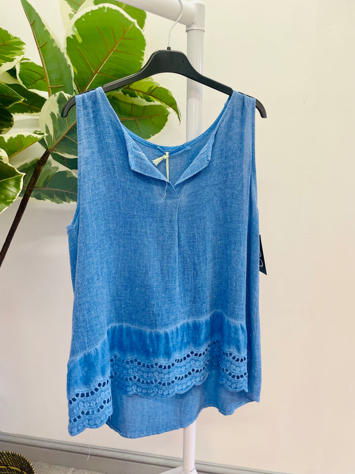 LADIES WOMENS TEA BAG LINEN SLEEVELESS LACE VEST TOP - BLUE PINK & WHITE