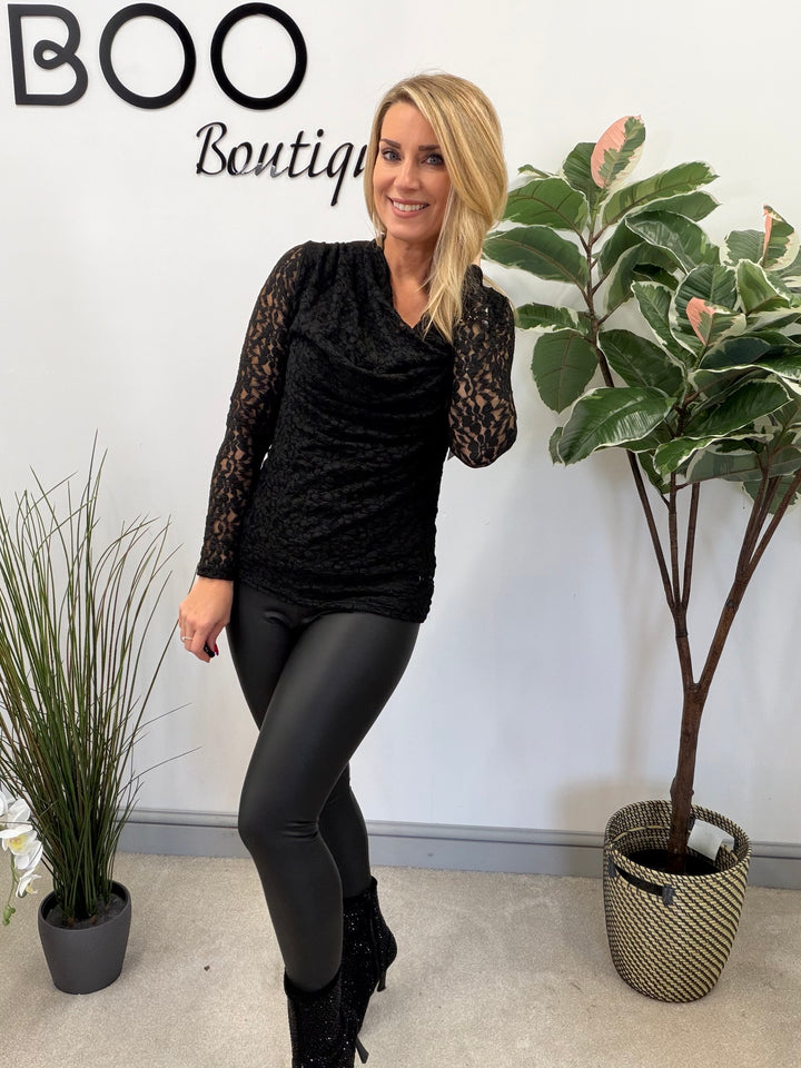 LADIES LACY COWL NECK LONG SLEEVE TOP - BLACK, WHITE & BROWN