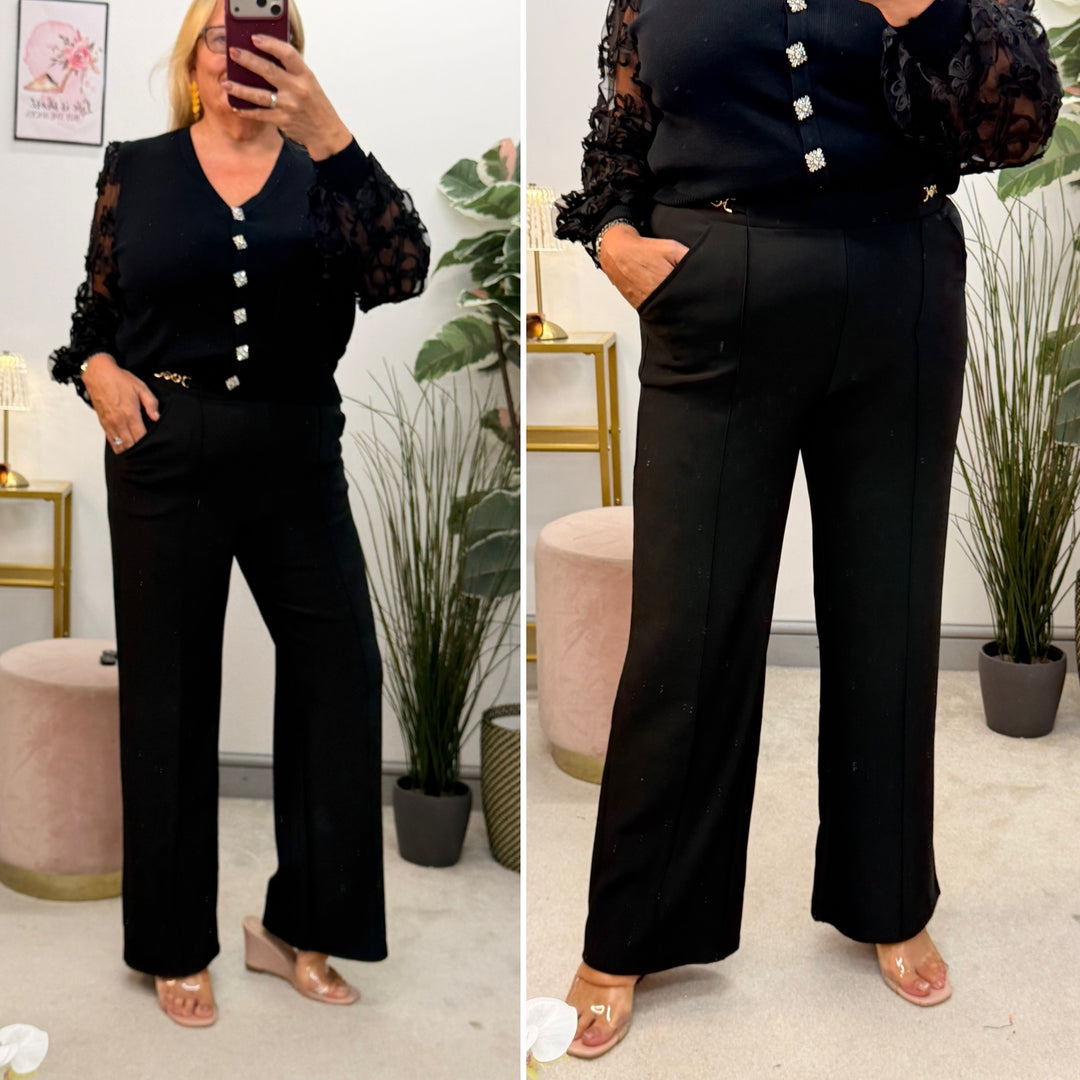 Ladies Fashion Wide Leg High Waist Smart Trousers - Black & Brown