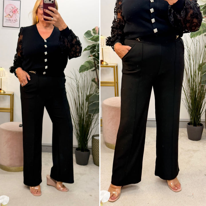 Ladies Fashion Wide Leg High Waist Smart Trousers - Black & Brown