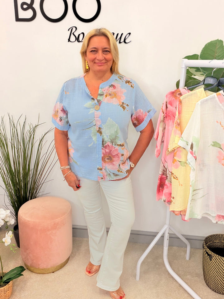 Ladies Fashion Light Linen Flower Print Grandad Shirt Top - Pink, Blue, White & Lemon