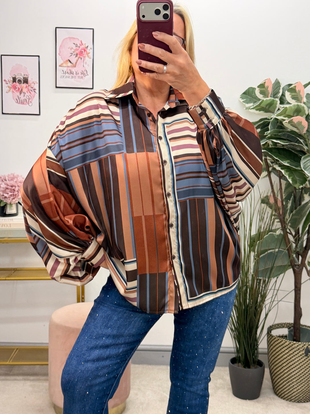 Ladies Blue & Brown Stripe Satin Oversize Loose Fit Blouse Top