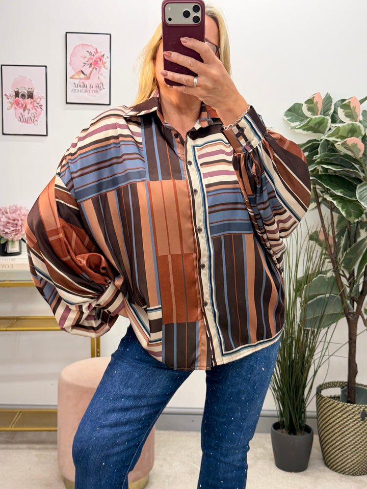 Ladies Blue & Brown Stripe Satin Oversize Loose Fit Blouse Top