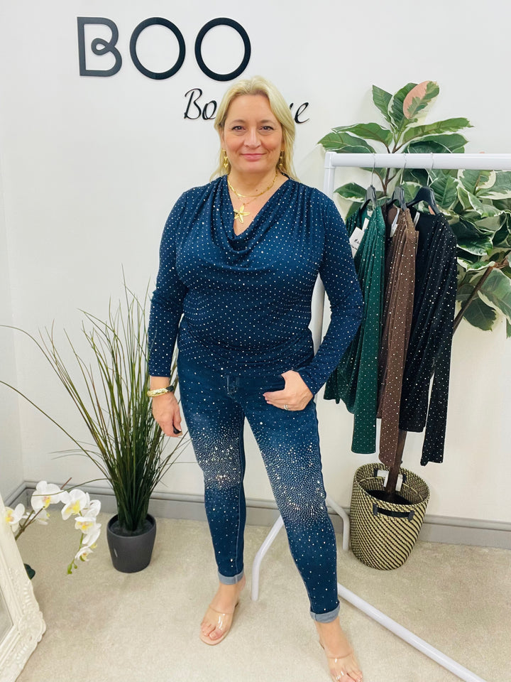 LADIES SPARKLY FESTIVE COWL NECK TOP - GREEN, NAVY, BLACK, BROWN