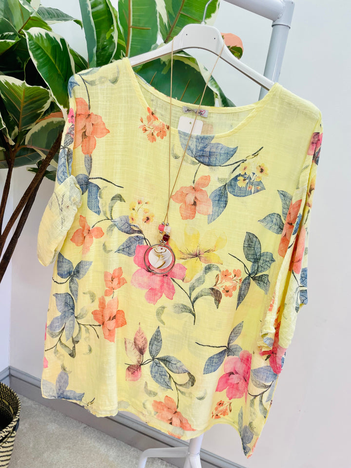 LADIES WOMENS FLORAL PRINT LINEN SUMMER TOP - PINK, ORANGE, BLUE, WHITE, YELLOW