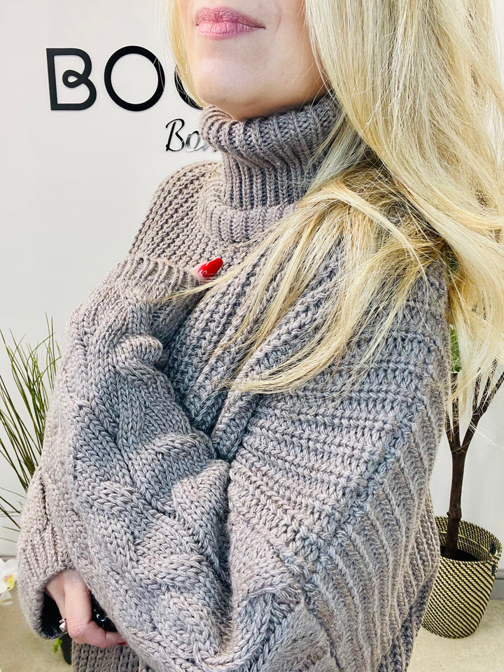 LADIES FISHERMANS CHUNKY KNIT ROLL NECK JUMPER - CREAM, MOCHA, BLACK