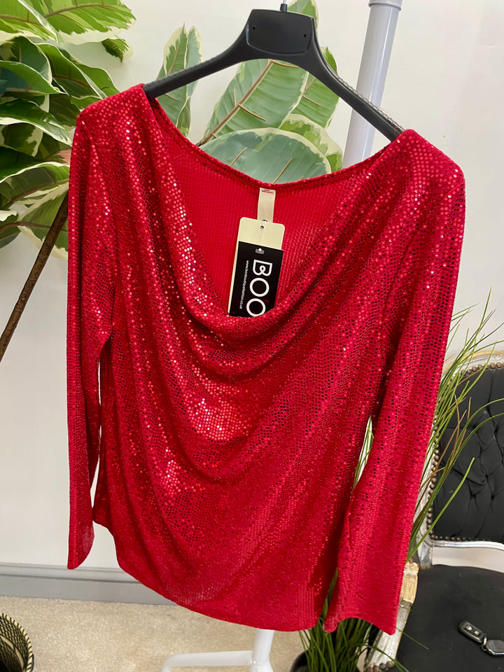 LADIES SEQUIN COWL NECK TOP - BLACK, CHAMPAGNE, GREEN & RED