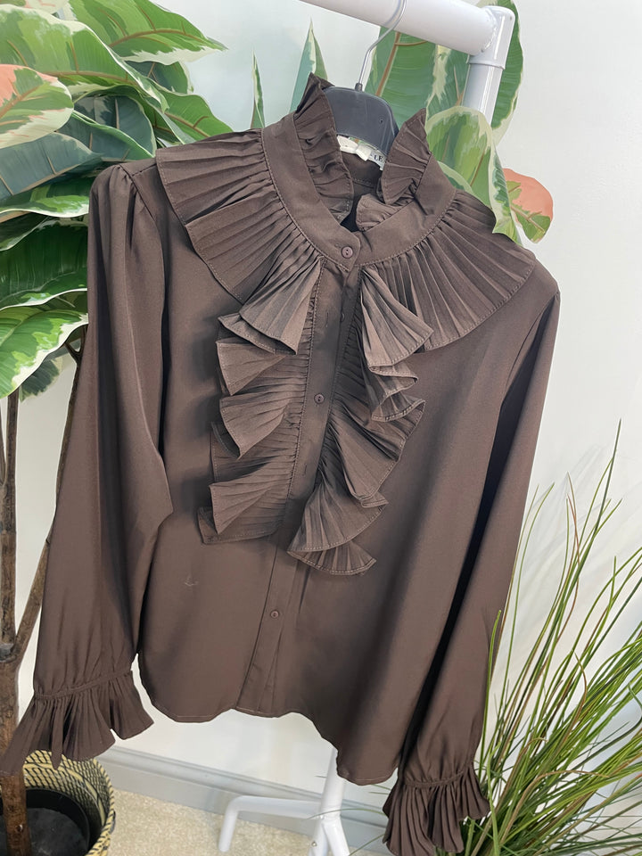 LADIES FRILL FRONT BLOUSE SHIRT - BLACK & BROWN