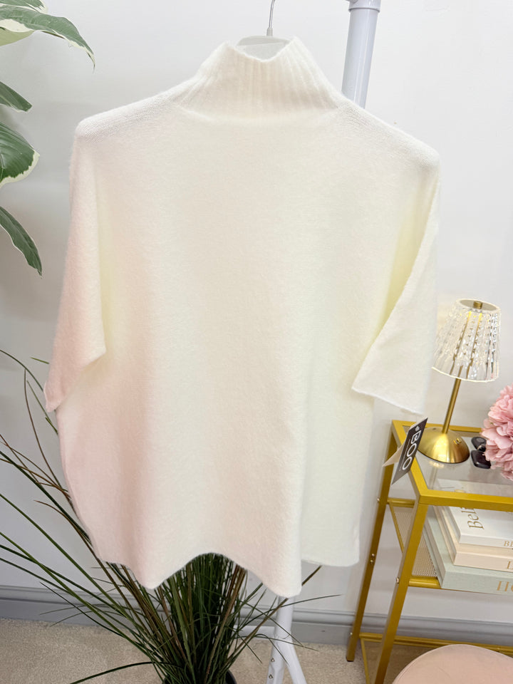 Ladies Fashion High Neck Soft Knit Short Sleeve Jumper white